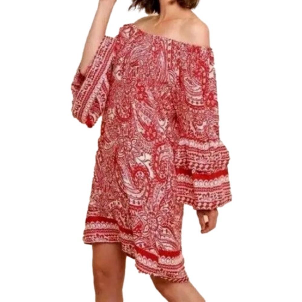 Umgee Red Cream Off-Shoulder Bishop Sleeve Sundress